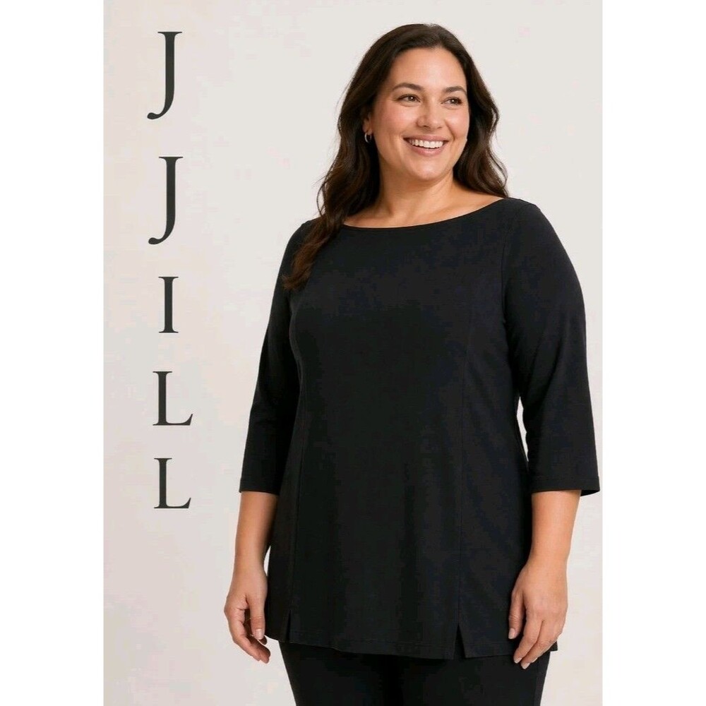 J JILL Womens XL Tunic Ponte Knit Minimalist Boatneck Stretchy 3/4 Slv Black Top